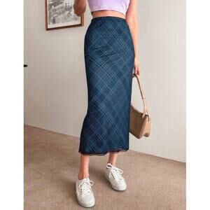 Dazy Shein Women's A-Line Sz M Navy Blue Check Mesh Stretch Midi Skirt Whimsgoth